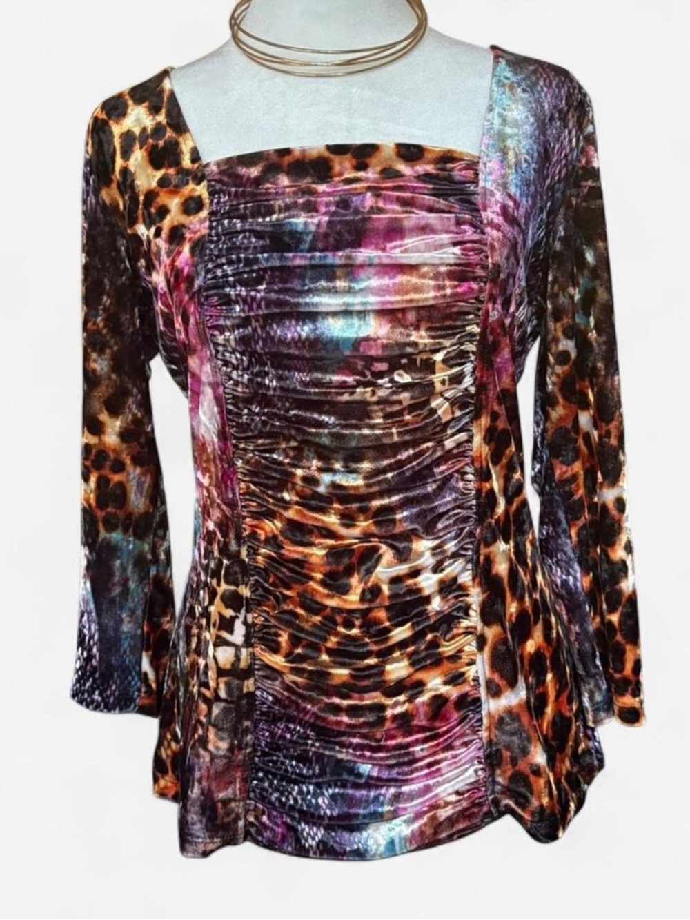 Boston Proper Multicolor Velvet Animal Print Ruched Top size medium